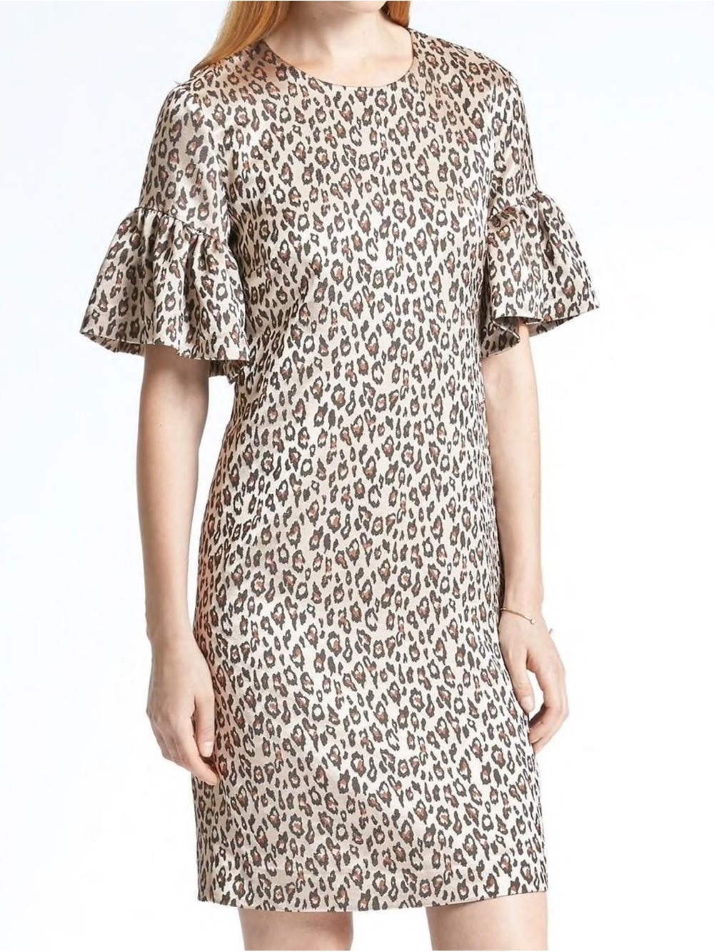 Banana Republic Leopard Ruffle-Sleeve Jacquard Dress - Neutral Brown